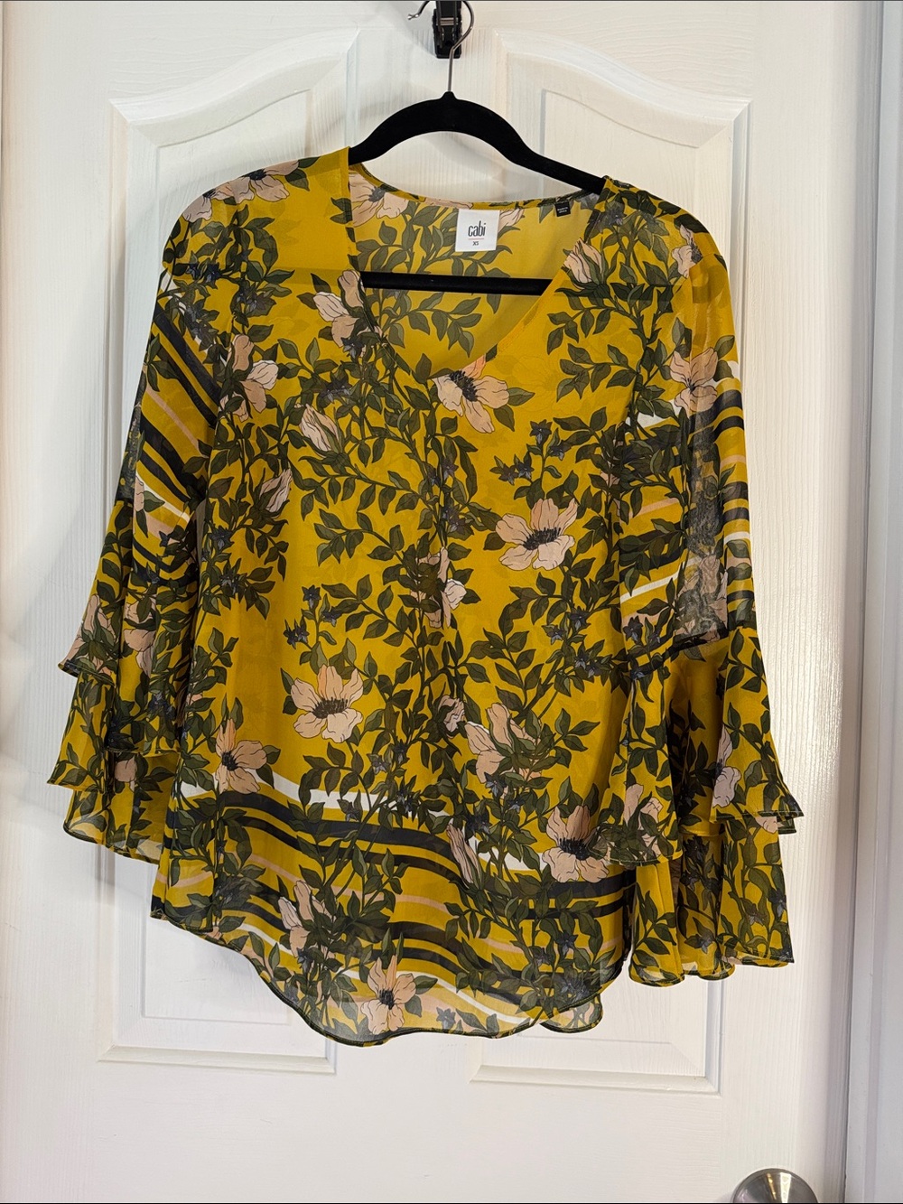CAbi Mustard Floral V-Neck Ruffle Sleeve Blouse - Olive & Blush Print